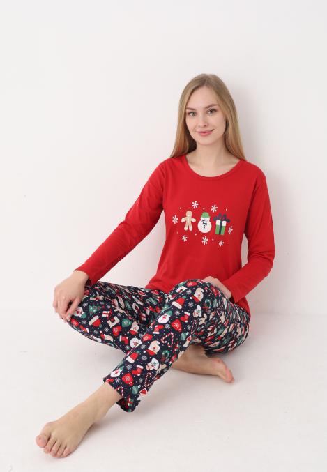 Pijama dama Craciun,maneca lunga si pantaloni lungi,imprimeu figurine festive, En-gros